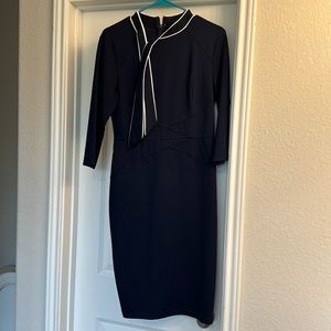 Navy Knee Length 3/4 Sleeve Dress with White Trim Neckline